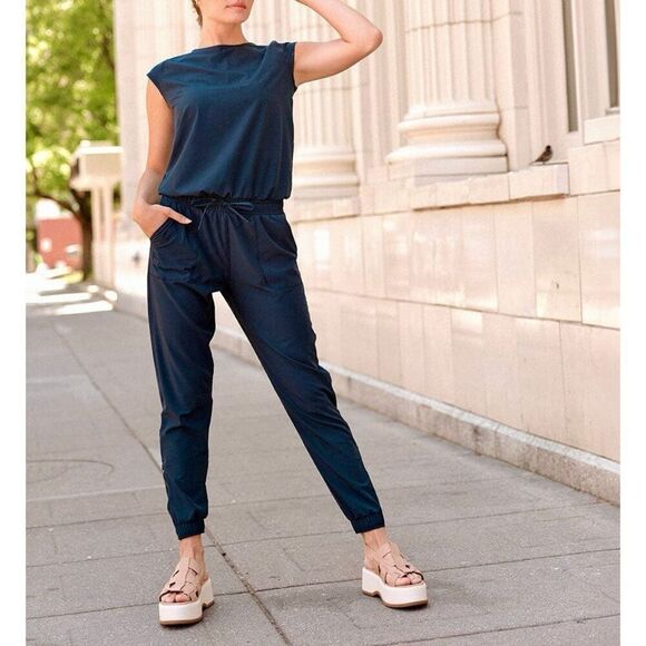 ALBION True Blue Jettersetter Cap Sleeves Elastic Waist Tie Jumpsuit Romper XXS - Picture 1 of 14